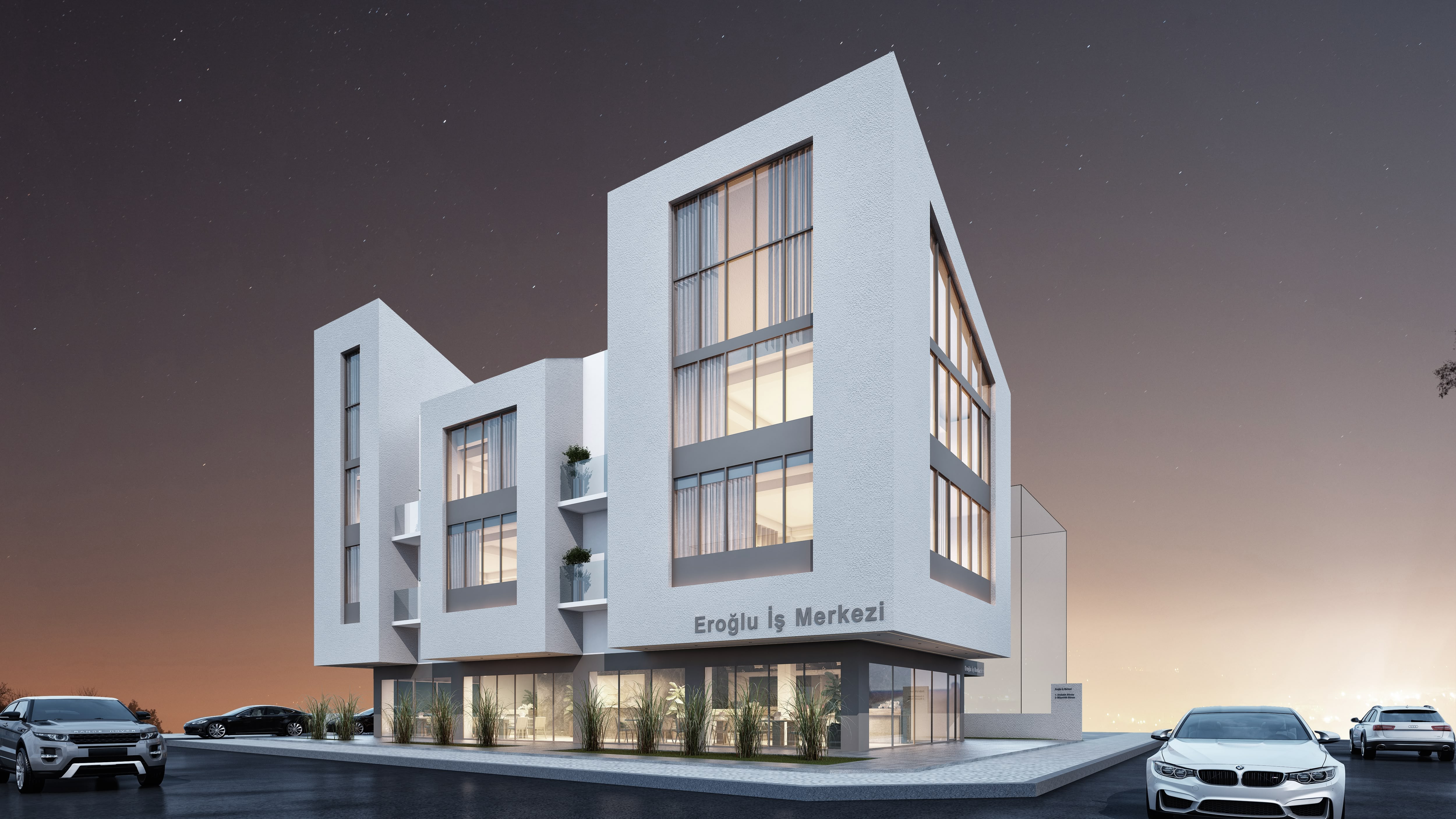 TE Grup İnşaat Eroğlu İş Merkezi gece görünümü - Fethiye modern ofis binası