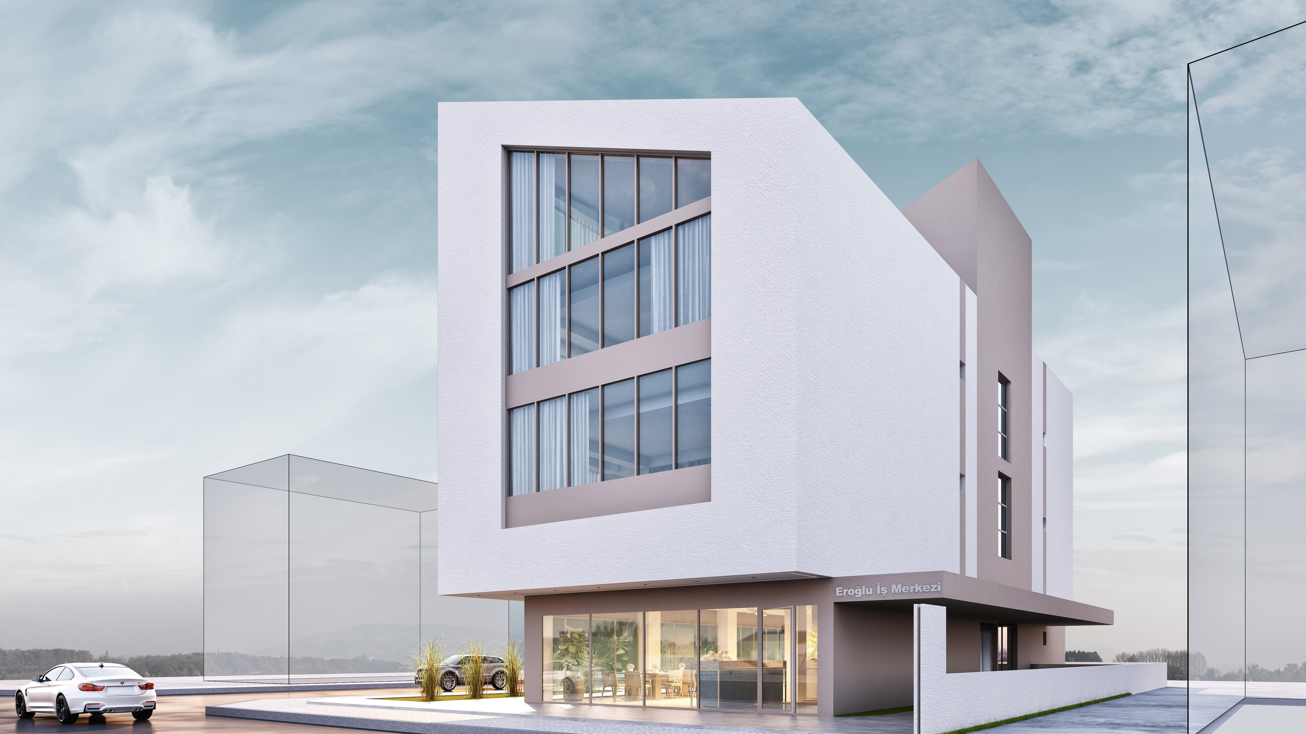 TE Grup İnşaat Eroğlu İş Merkezi yan perspektif - Fethiye ofis binası tasarımı